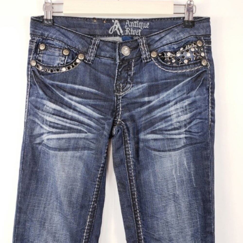 Buckle Antique Rivet Factory Distressed Rhinestone Pocket Boot Cut Low Rise Jean - Picture 3 of 6